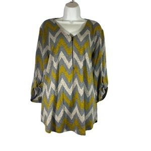 Tacera Size XL Blouse Half Zip Knit 3/4 Sleeve Popover Yellow Zig Zag Print